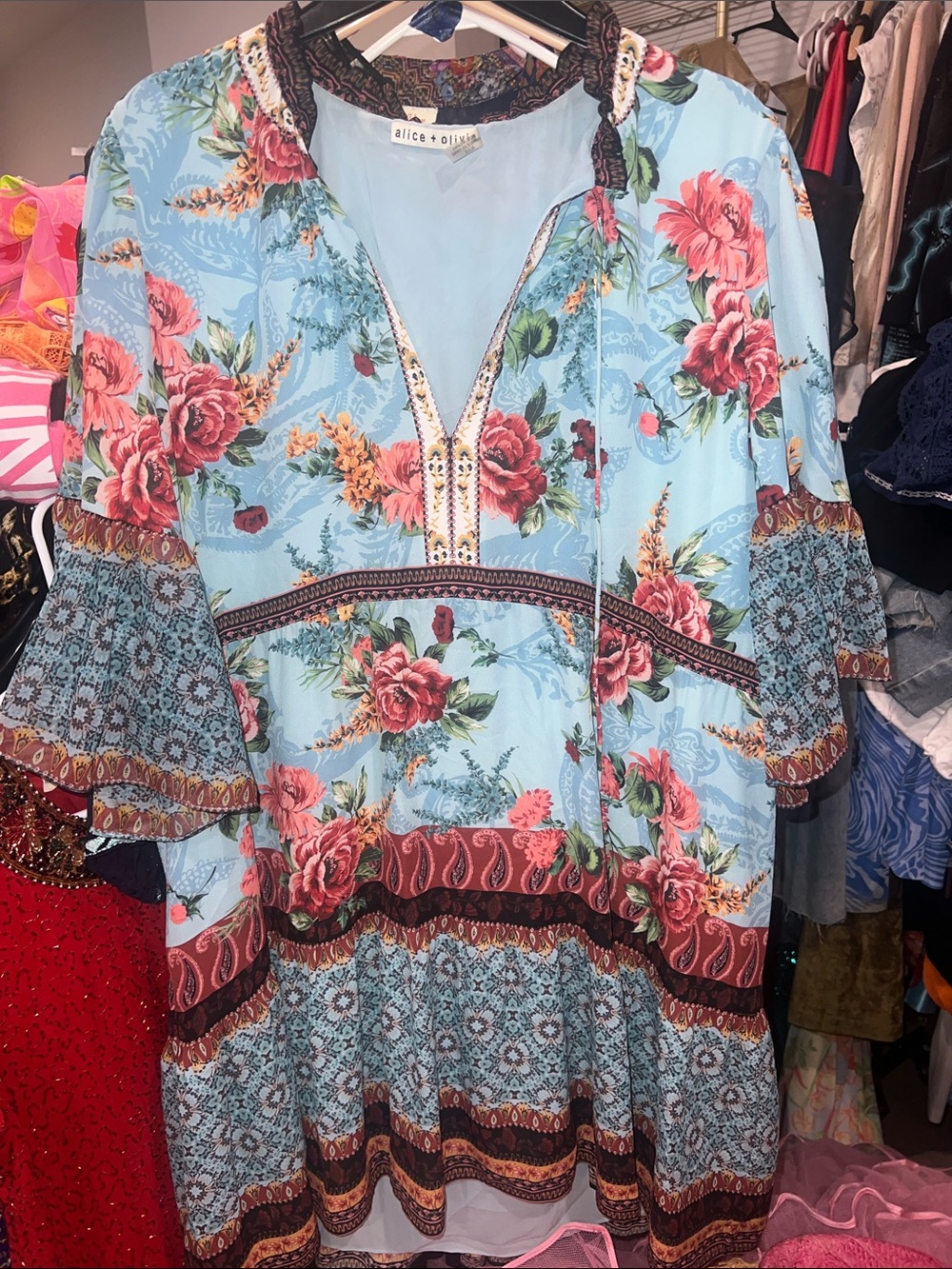 Alice + Olivia Light Blue Floral Mini Dress with Coral Roses